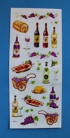 Et ark med stickers. Vin, druer, flasker m.m. Arket måler ca. 23 x 10 cm.